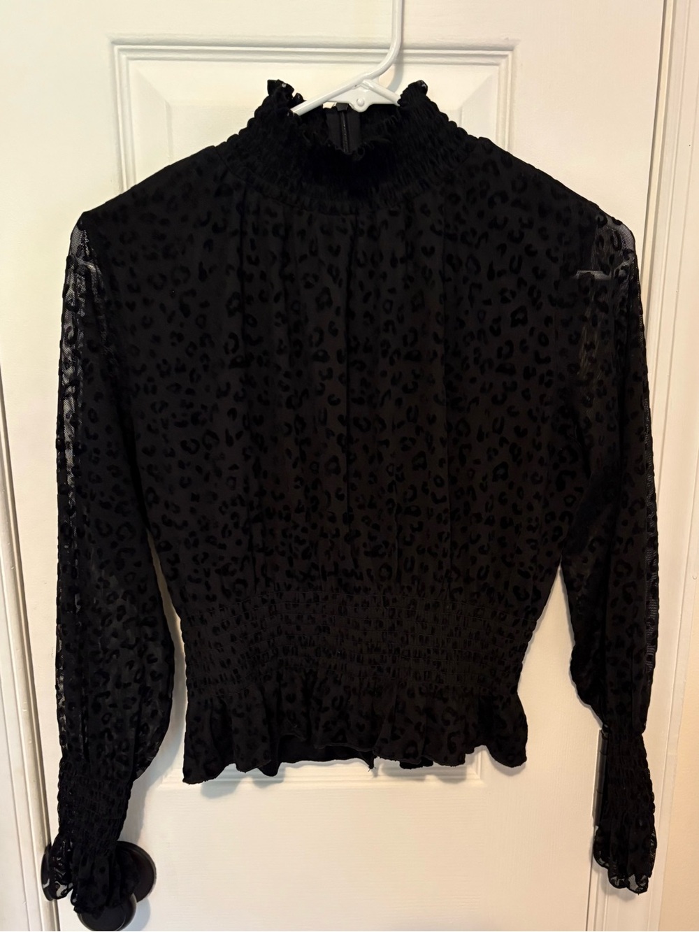 Shinestar Black Sheer Velvet Leopard-Print Smocked Blouse - Size Small